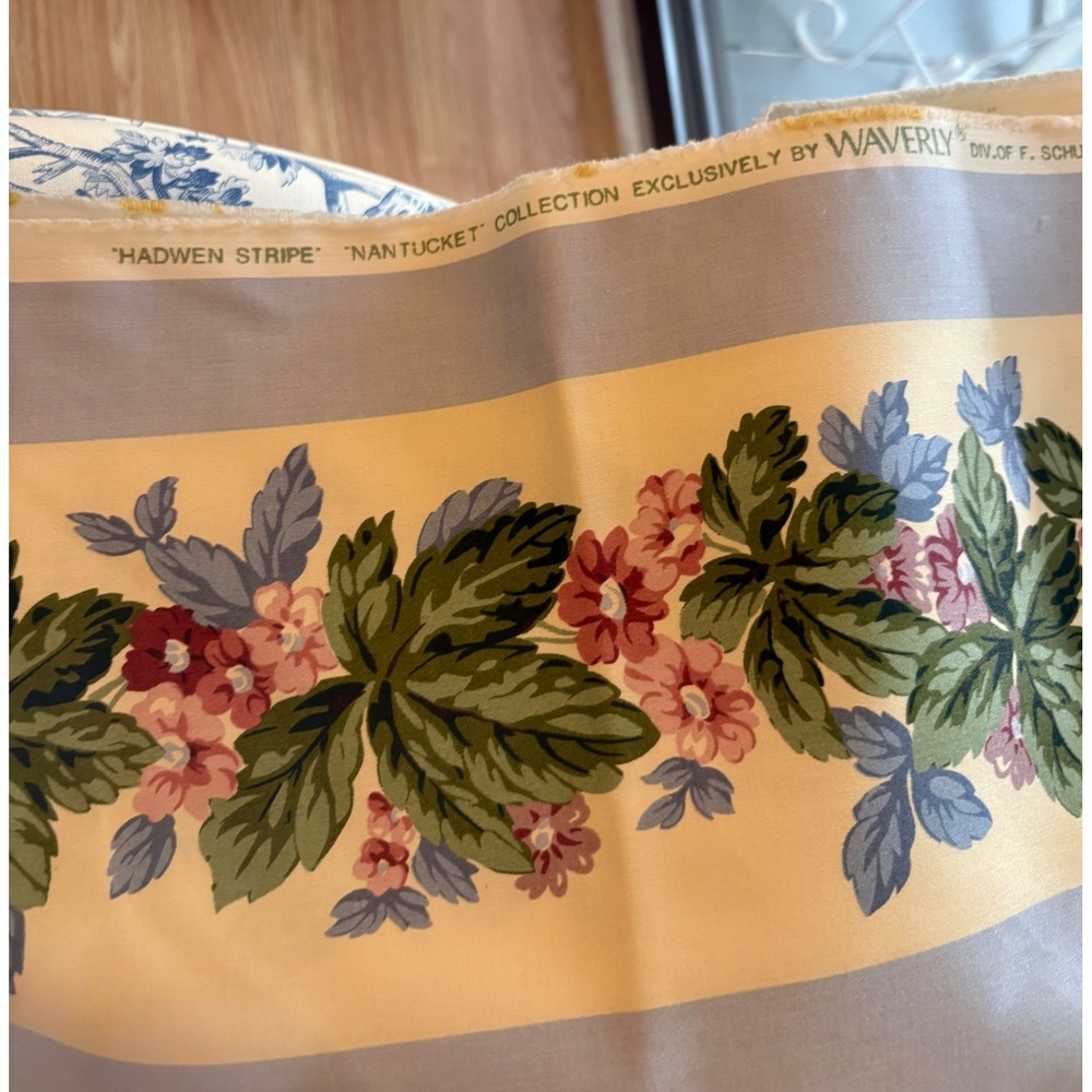 Waverly Hadwen Stripe Nantucket Collection Floral Blue Cream Fabric